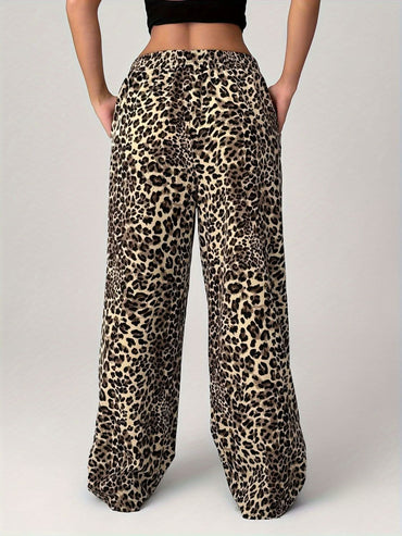 Leopard Print Wide Leg Trousers with Functional Pockets