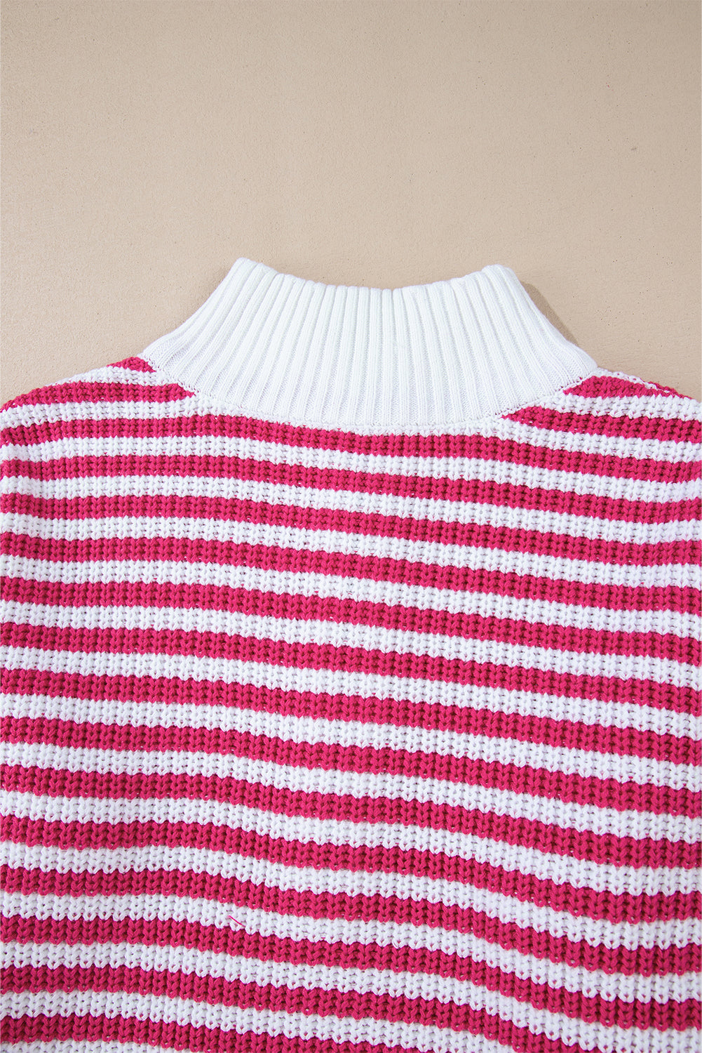 Trendy Pink Striped Zip-Up High Neck Sweater with Drop Shoulders