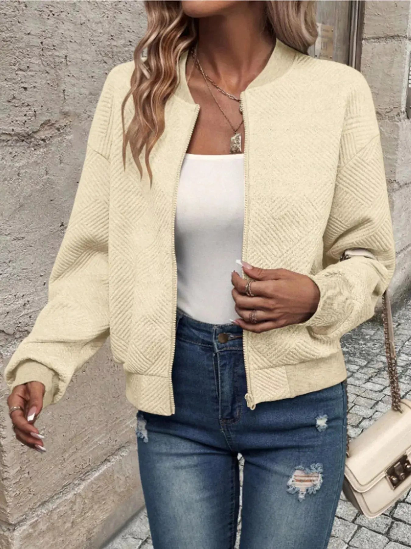 Textured Knit Zip-Up Bomber Jacket Simply Love