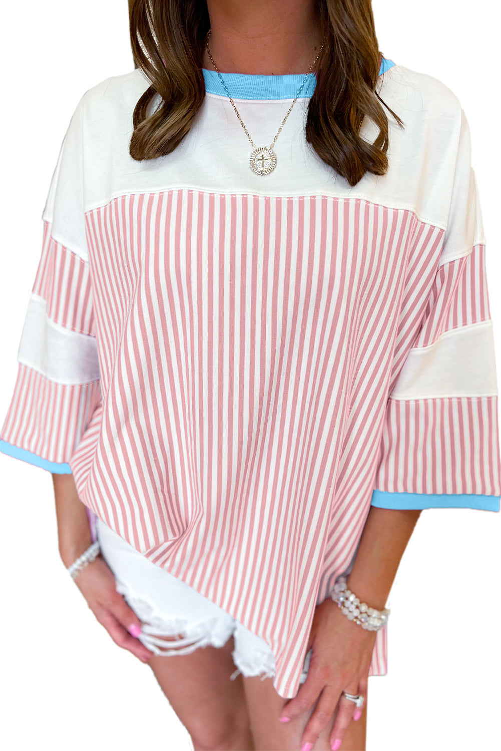 Chic white stripe patchwork plus size tee with bracelet sleeves