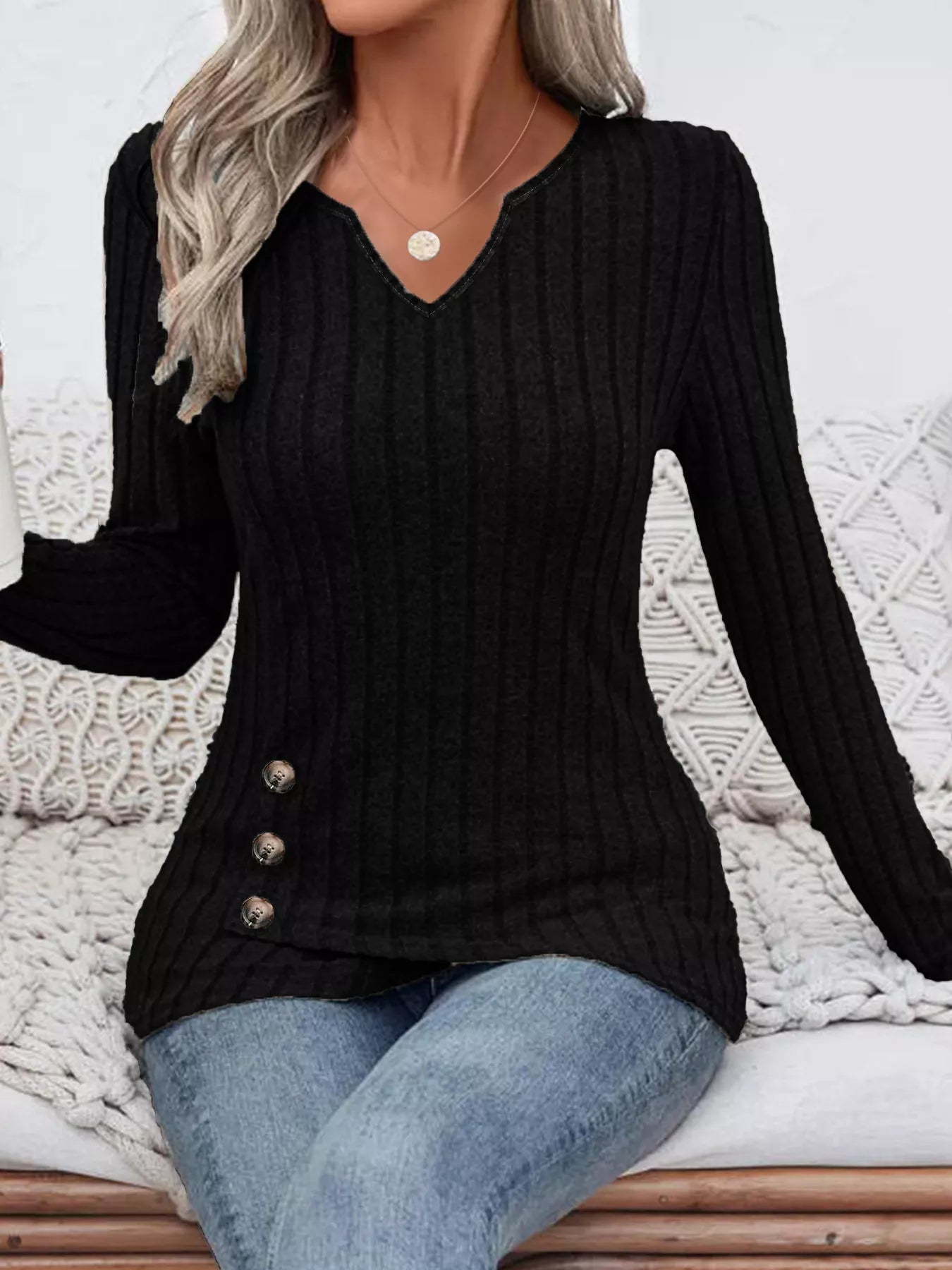 Ribbed Knit Notched Long Sleeve Top Simply Love