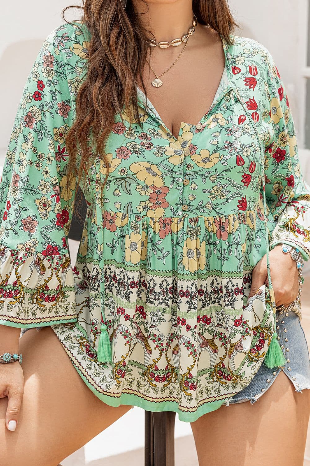 Plus Size Floral Tassel Tie Blouse.