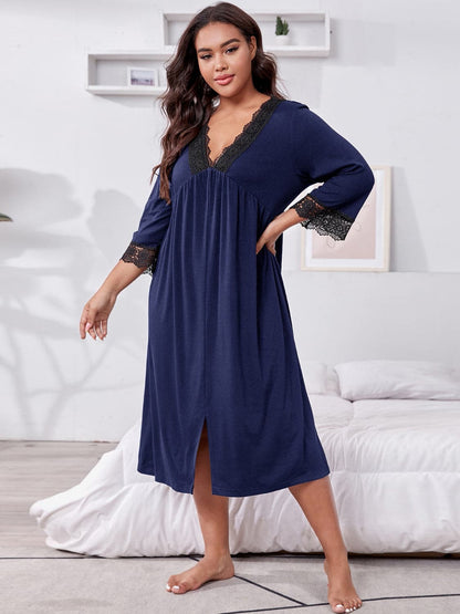 Plus Size Lace Detail V-Neck Lounge Dress.