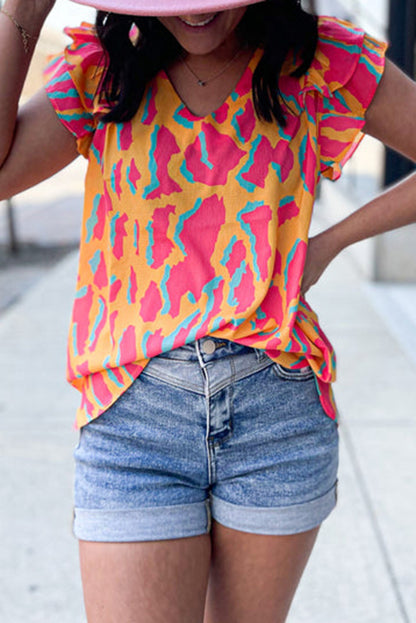 Vibrant orange abstract ruffled sleeve blouse with V neck