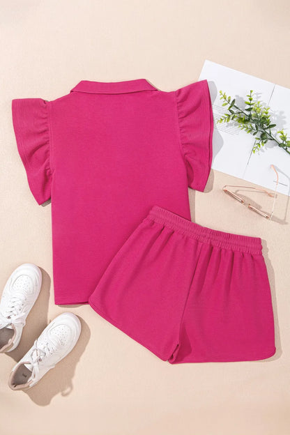 Striped Detail Flutter Sleeve Zipped Collar Top and Short Set