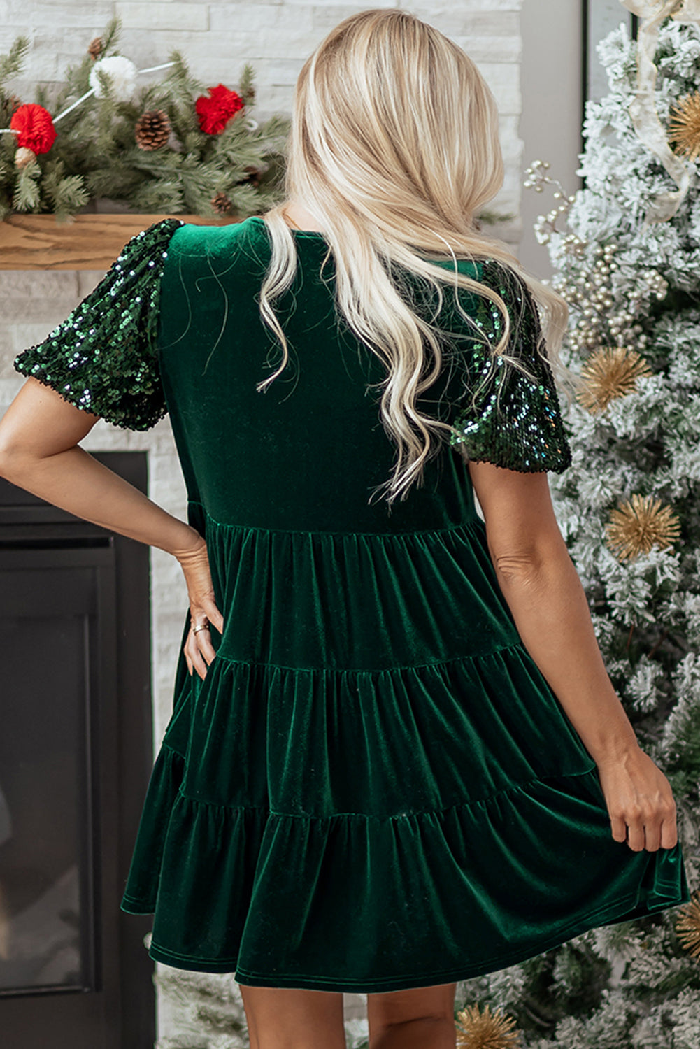 Evergreen Sequin Puff Sleeve High Waist Velvet Mini Dress Dear-Lover Dropshipping
