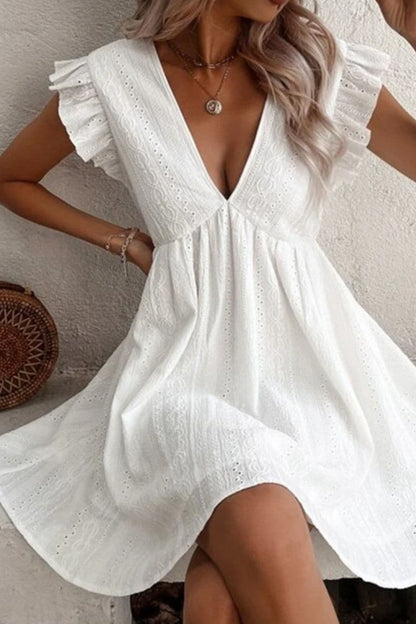 Eyelet Ruffled Cap Sleeve Mini Dress.