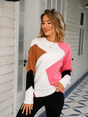 Color Block Round Neck Dropped Shoulder Sweater.