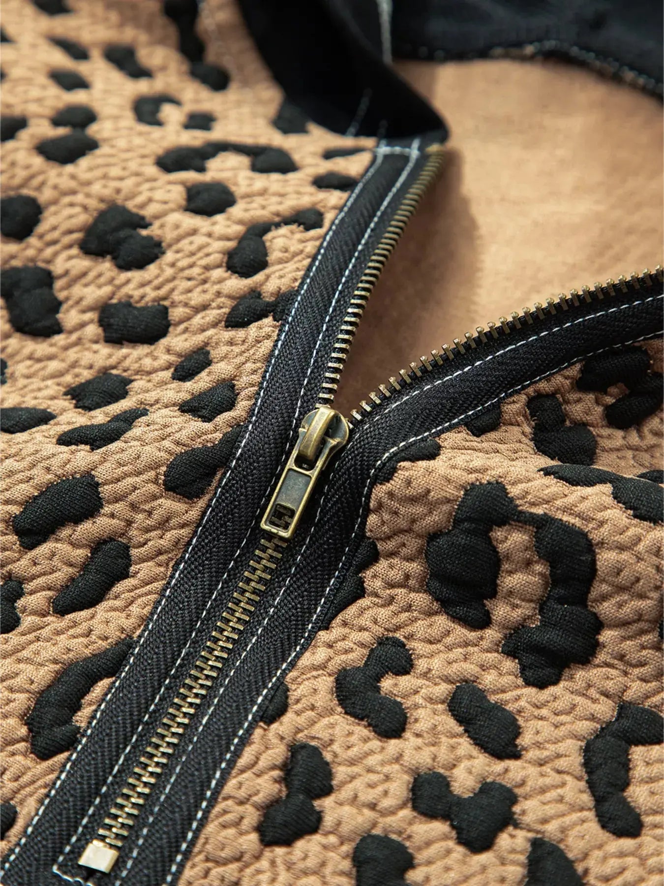 Leopard Patchwork Quarter Zip Hoodie With Contrast Stitching And Knotted Cuffs Simply Love