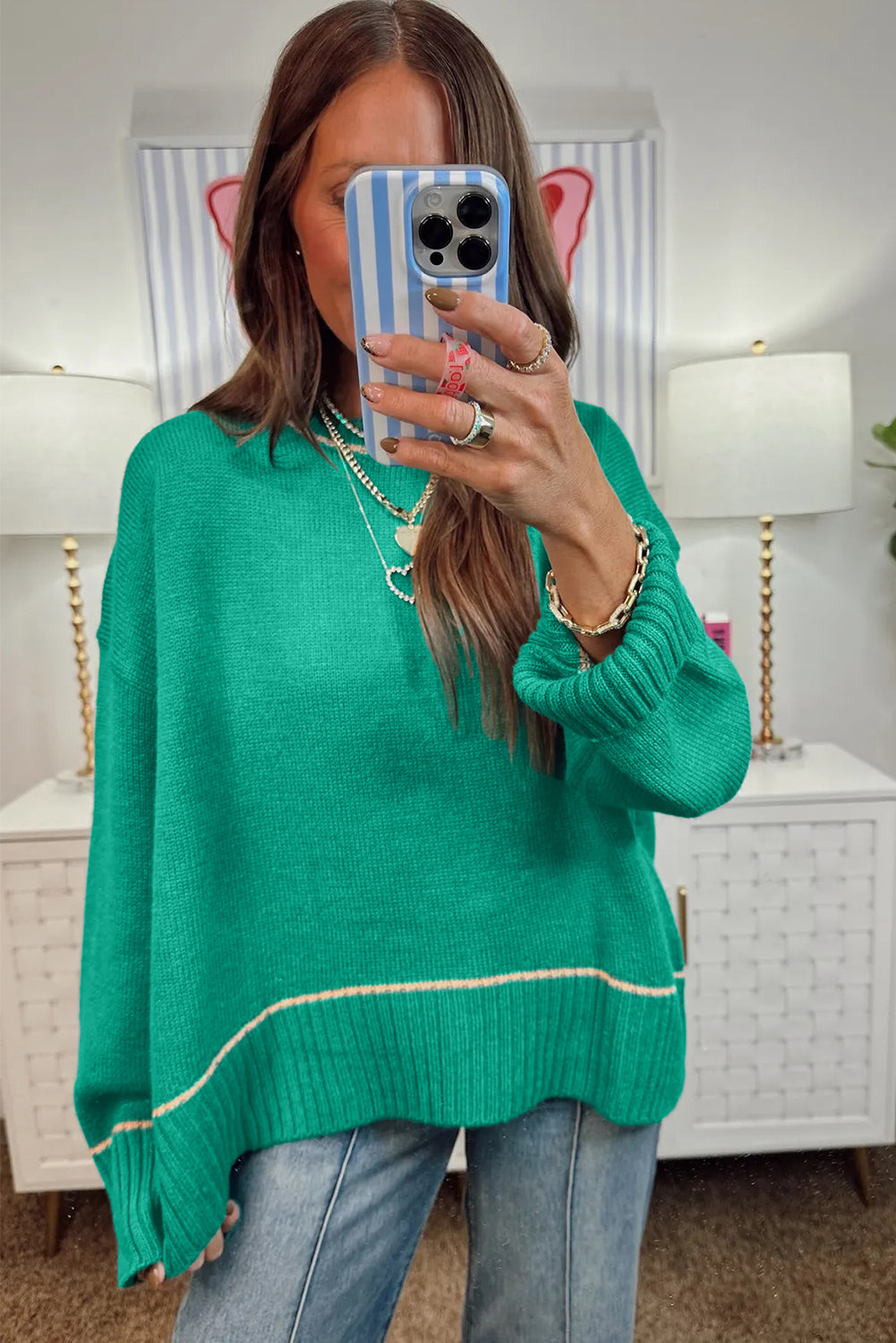 Sea Green Contrast Detail Drop Shoulder Baggy Sweater for Women Dear-Lover Dropshipping