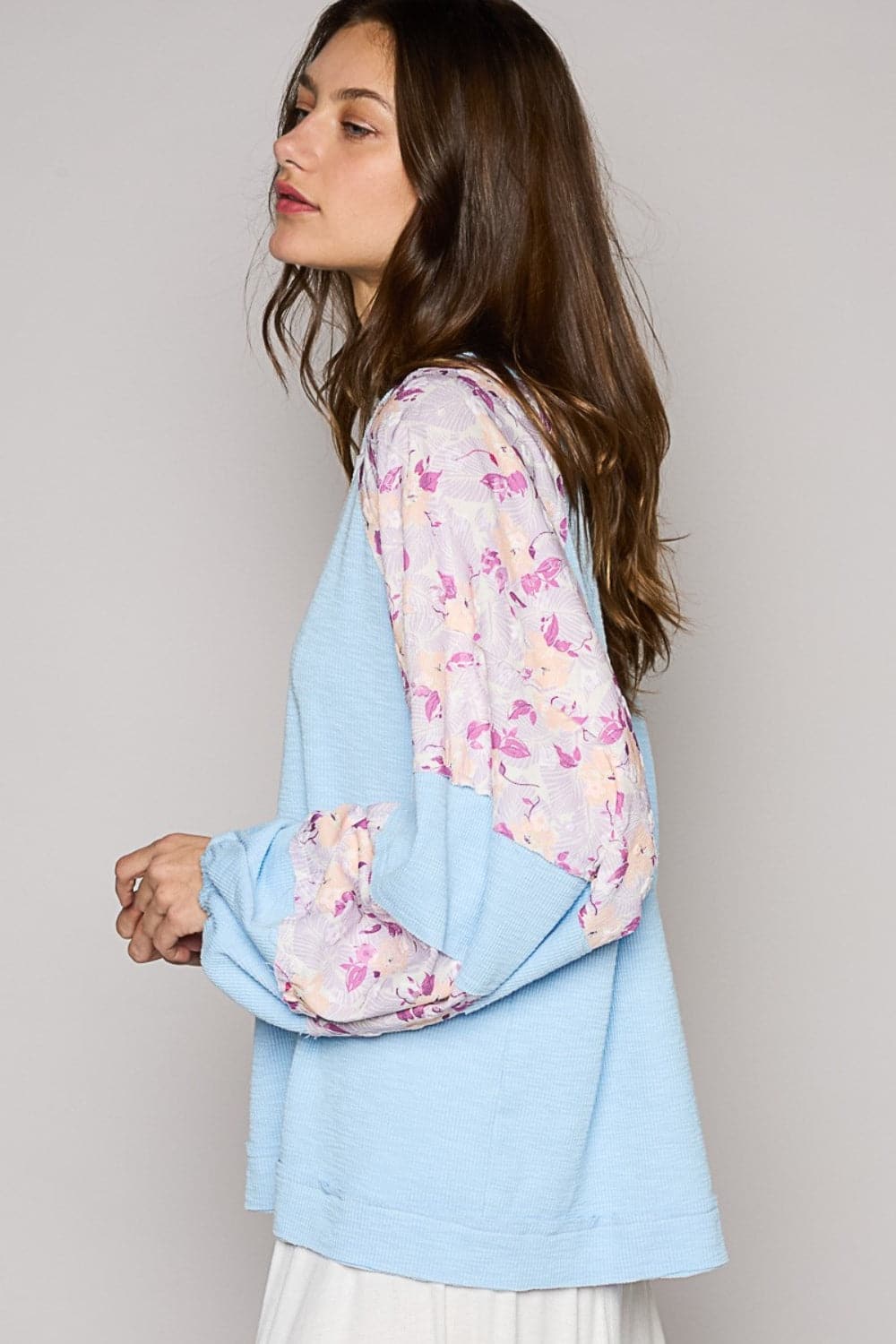 POL Round Neck Balloon Floral Long Sleeve Top.