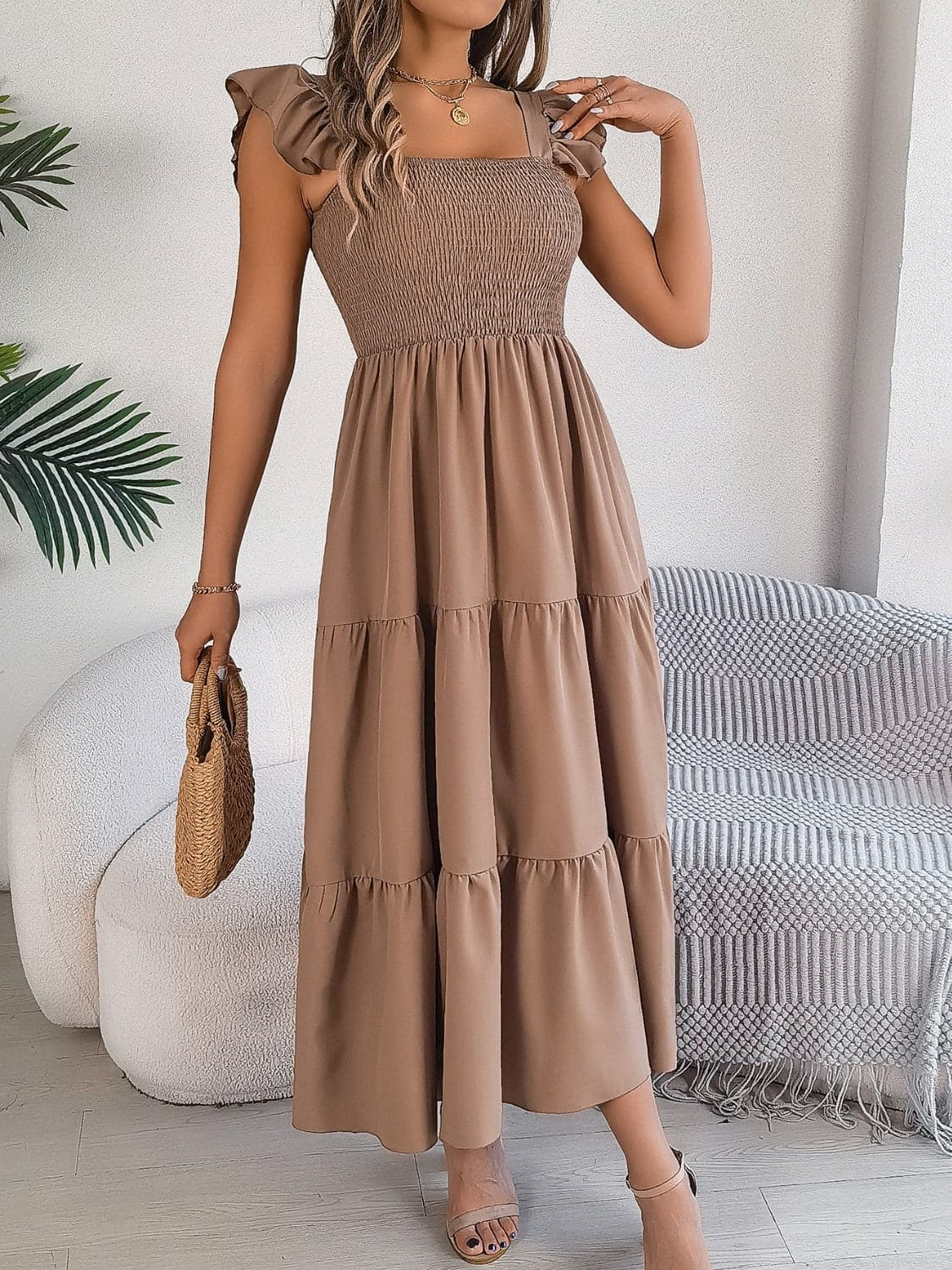 Smocked Square Neck Cap Sleeve Midi Dress.