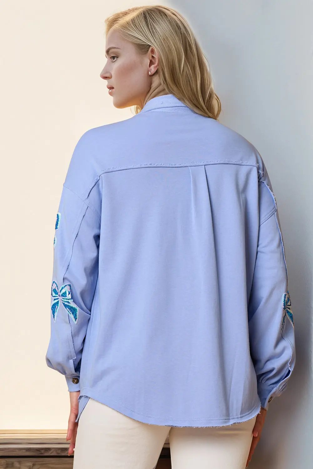 Double Take Full Size Sequin Bow Button Up Shacket - Love Salve