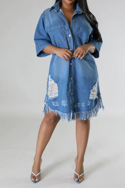 Distressed Raw Hem Button Up Denim Dress.