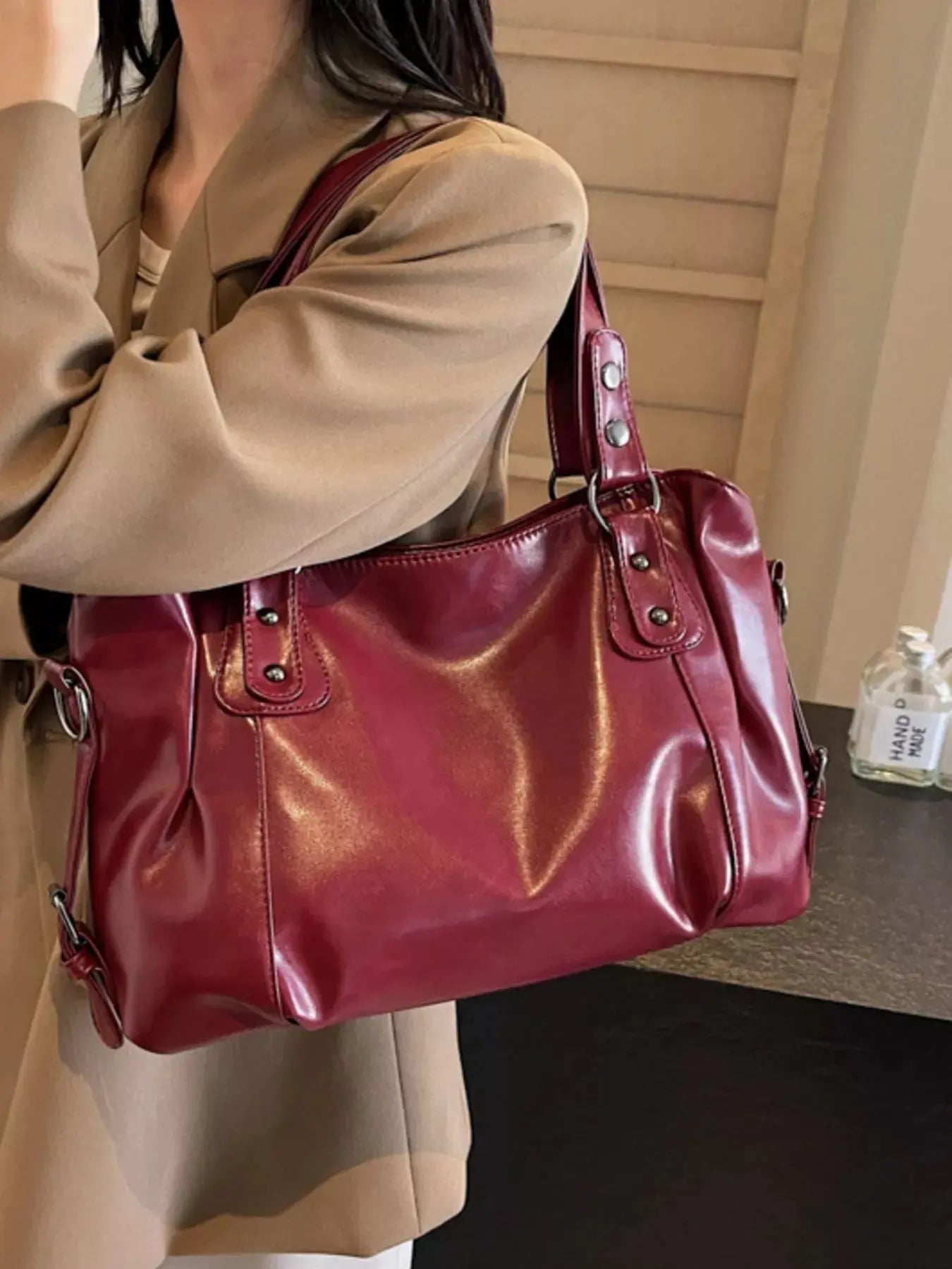 Vintage Style PU Leather Handbag Large Tote With Shoulder Straps Simply Love