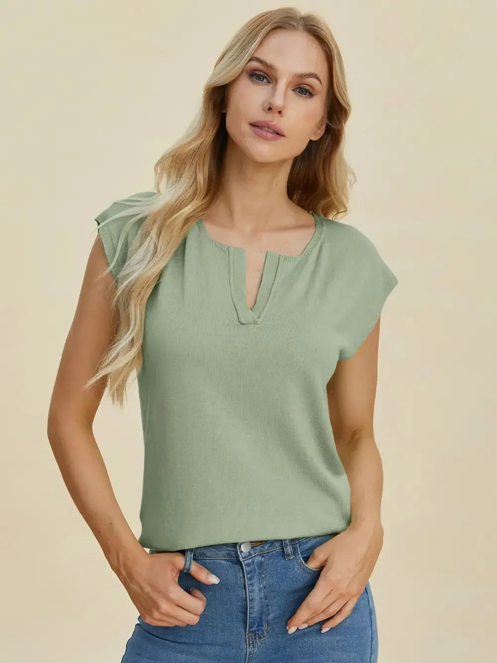 Double Take Full Size Notched Cap Sleeve Knit Top - Love Salve