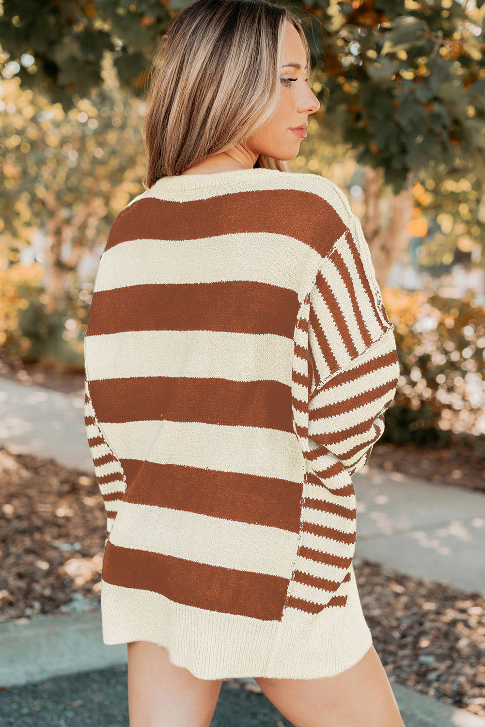 Brown Stripe Patchwork Baggy Sweater With Drop Shoulder Dear-Lover Dropshipping