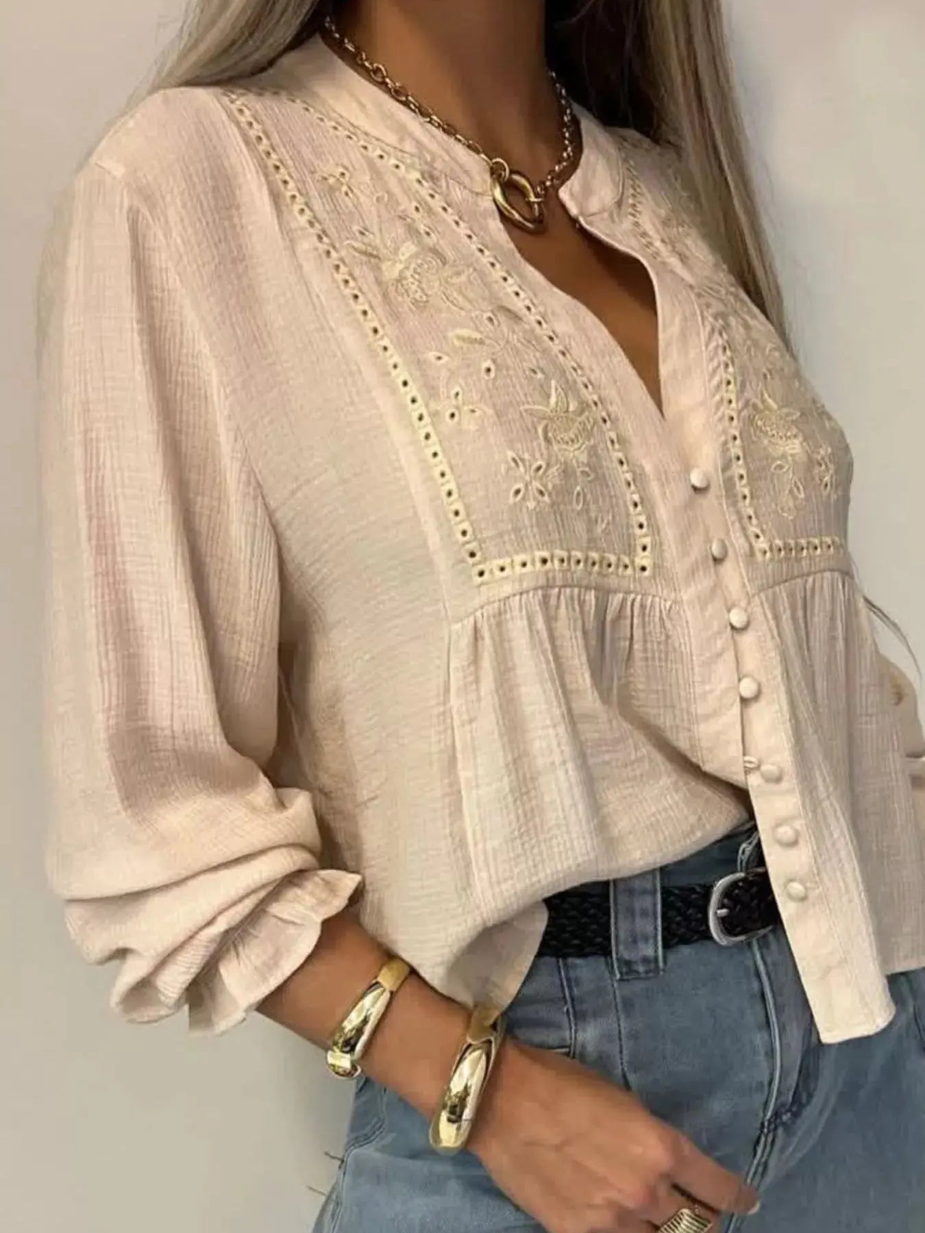 Embroidered Detail Button-Down Shirt Simply Love