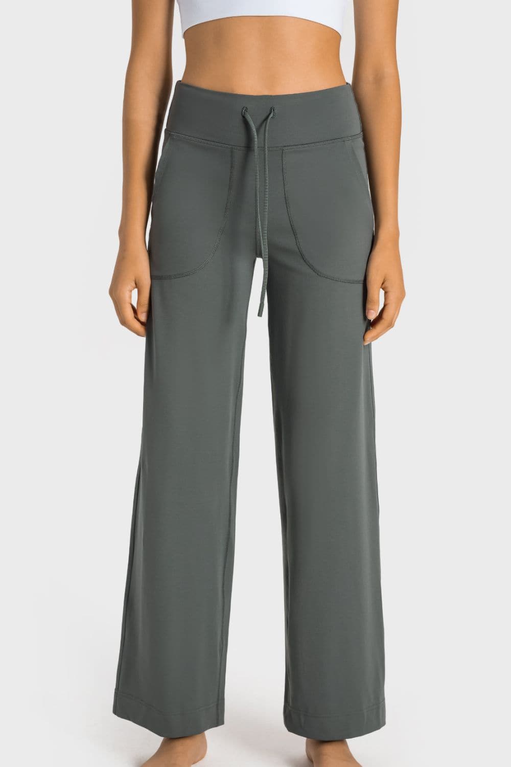 Drawstring Waist Wide Leg Sports Pants with Pockets.