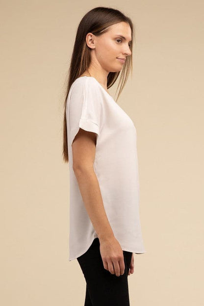 Woven Heavy Dobby Rolled Sleeve Boat Neck Top.