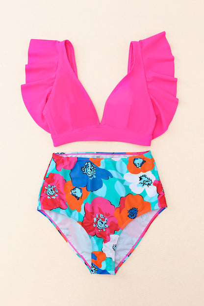 Floral high-waist bikini bottoms in rose red