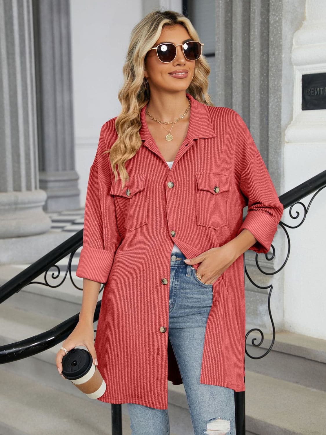 Chic long sleeve collared shirt with pockets