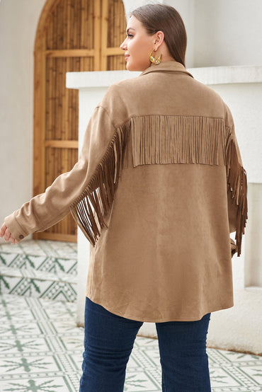 Chic khaki fringe plus size suede shacket for a stylish wardrobe update