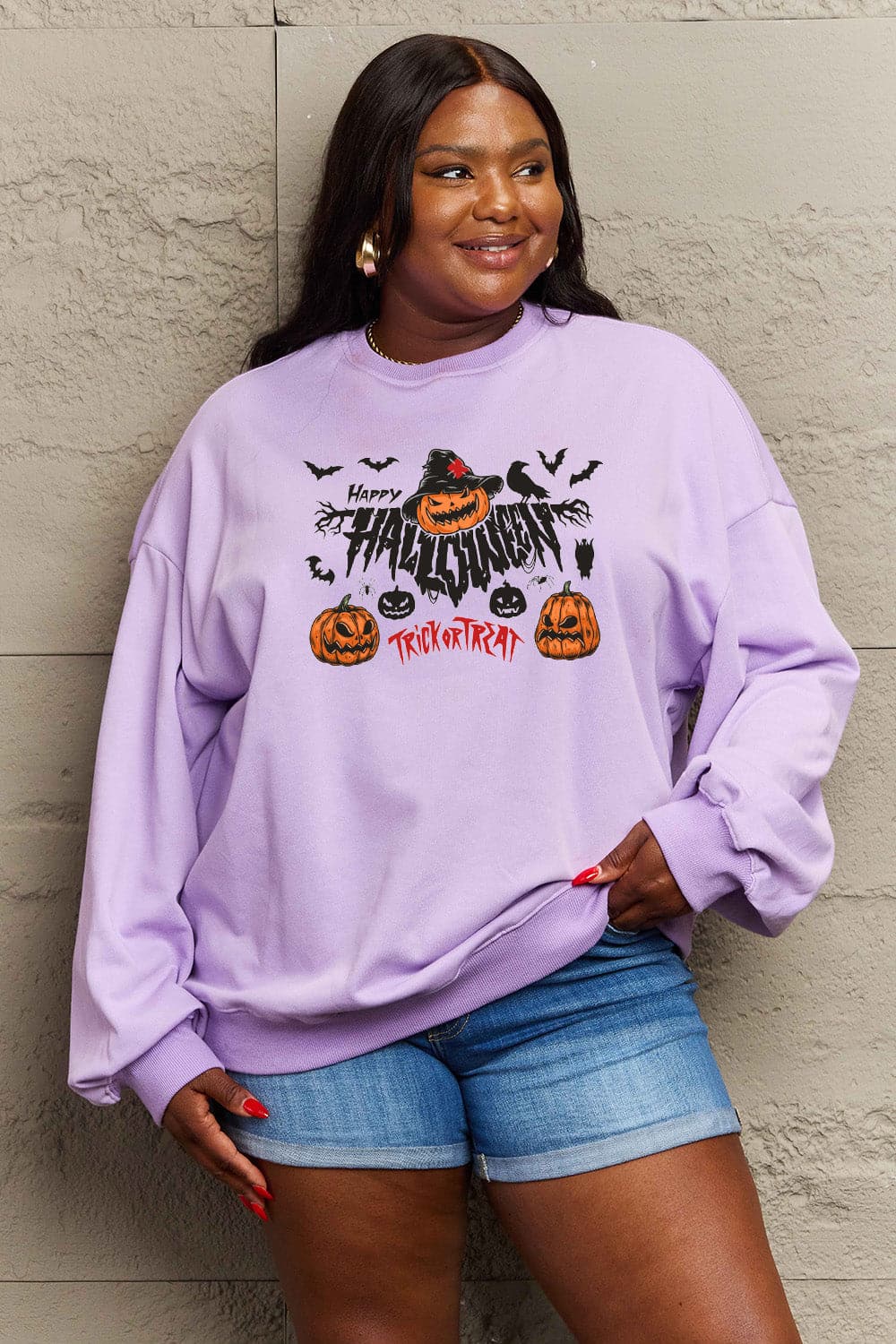 Simply Love Full Size HAPPY HALLOWEEN TRICK OR TREAT Graphic Sweatshirt.