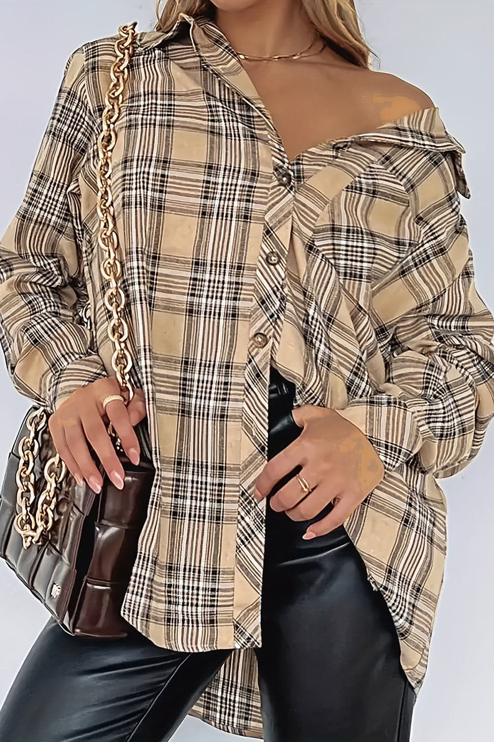 Plaid Collared Neck Long Sleeve Shirt.