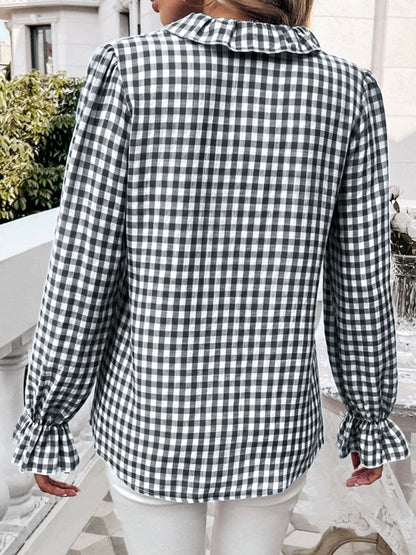 Frill Ruffled Plaid Long Sleeve Shirt.