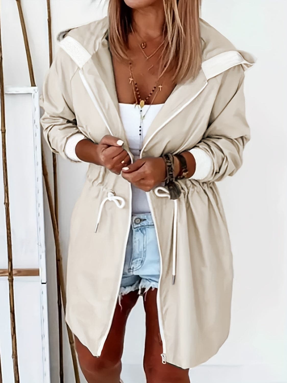 Drawstring Long Sleeve Hooded Trench Coat.