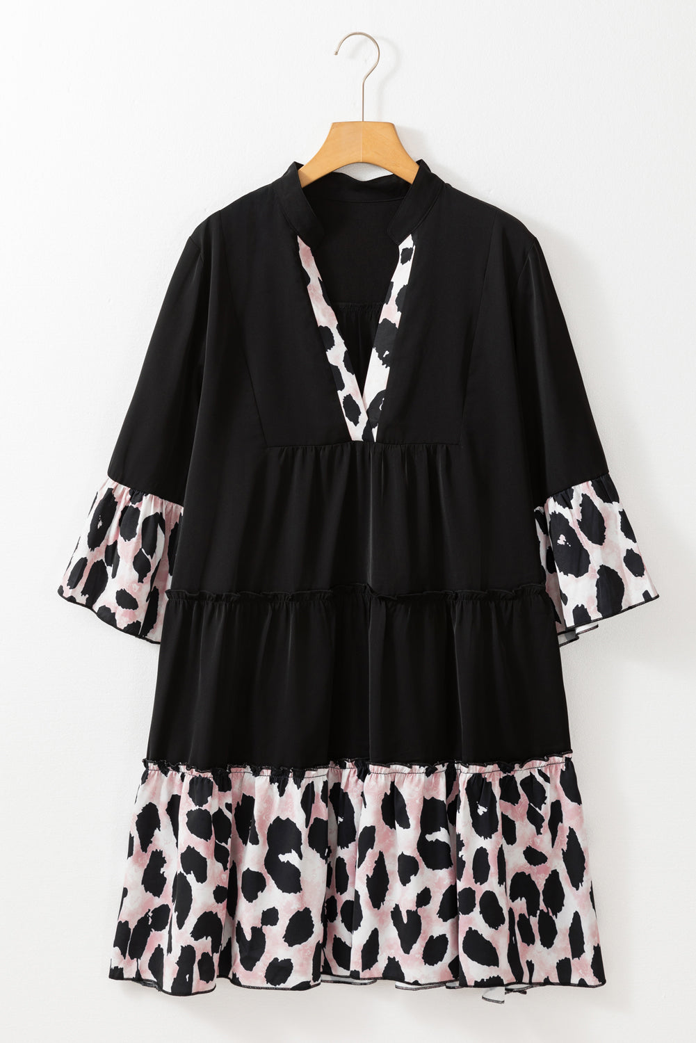 Leopard print ruffle dress with split neck detail