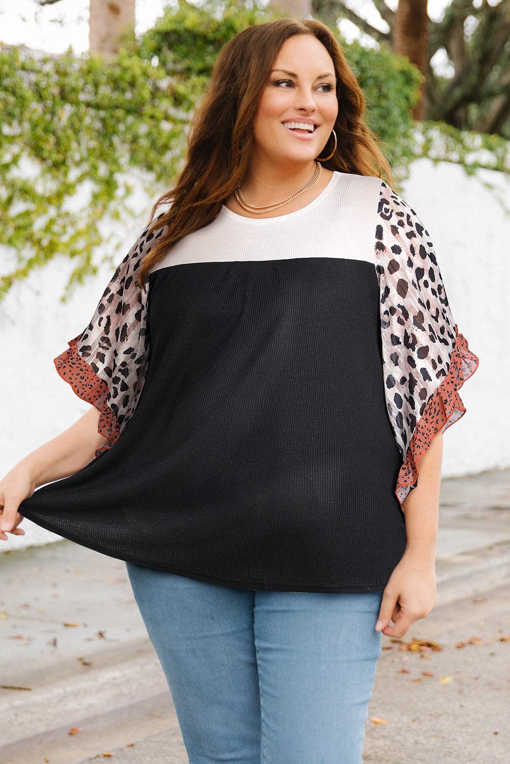 Plus Size Printed Color Block Ruffled Blouse.