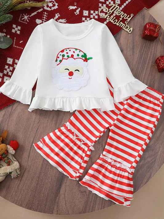 Girls Christmas Ruffle Trim Top and Striped Pants Set Simply Love