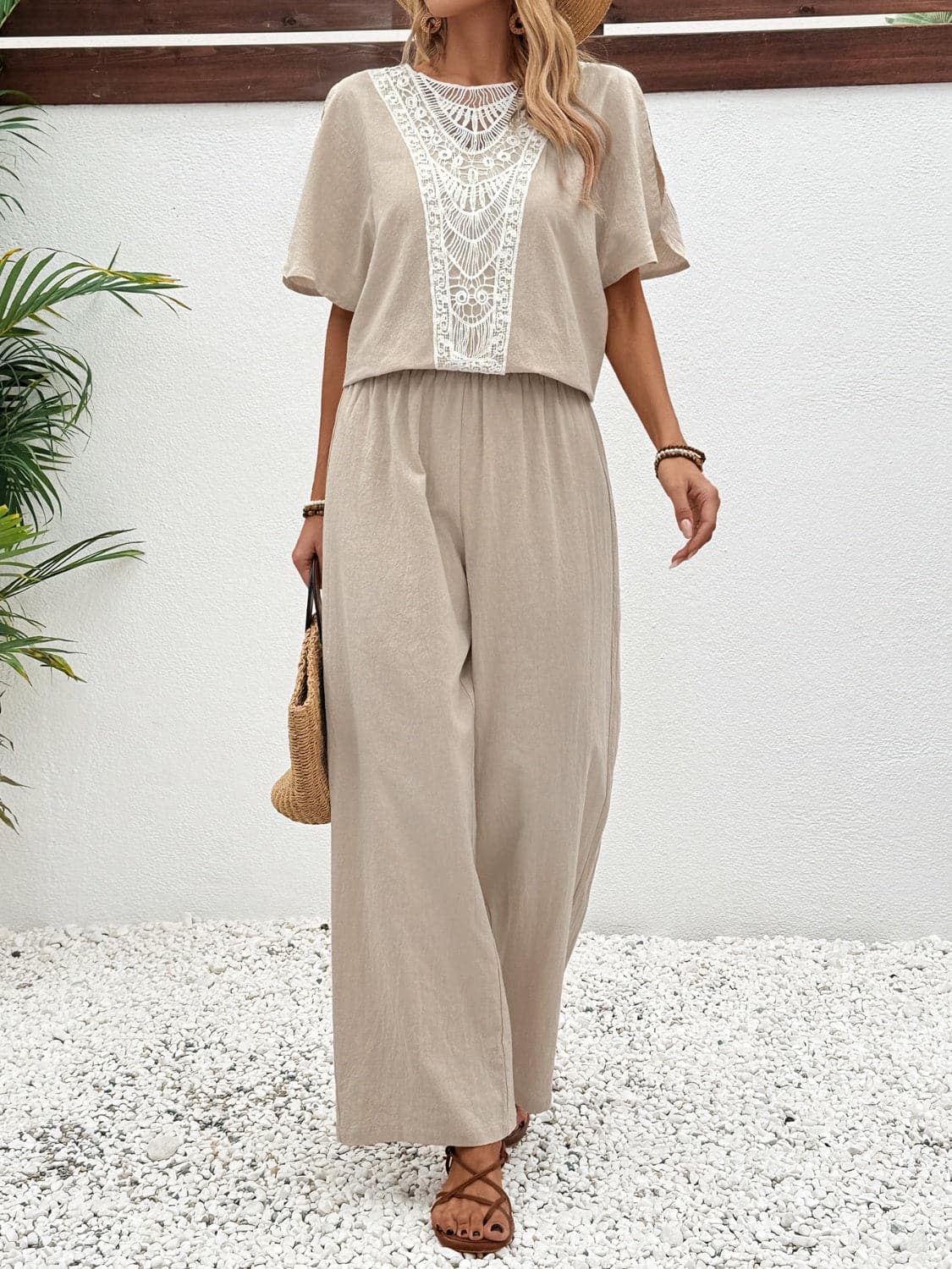 Lace Detail Round Neck Top and Pants Set.