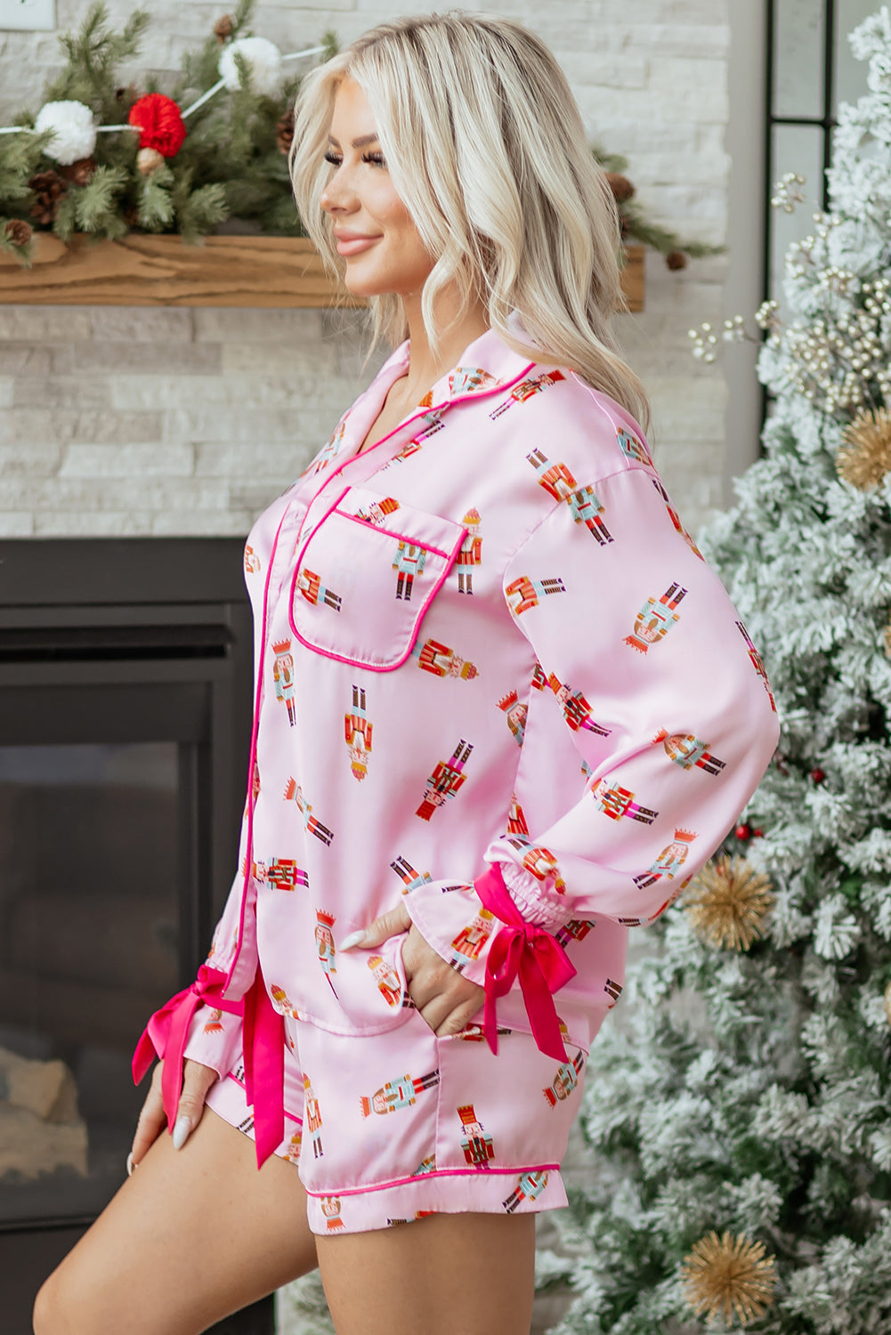 Pink Nutcracker Print Two Piece Pajama Set Contrast Trim Bow Dear-Lover Dropshipping