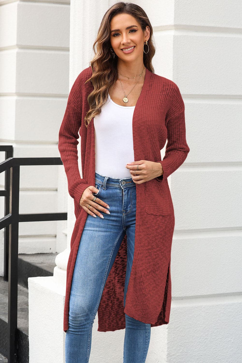 Open Front Slit Cardigan with Pockets.