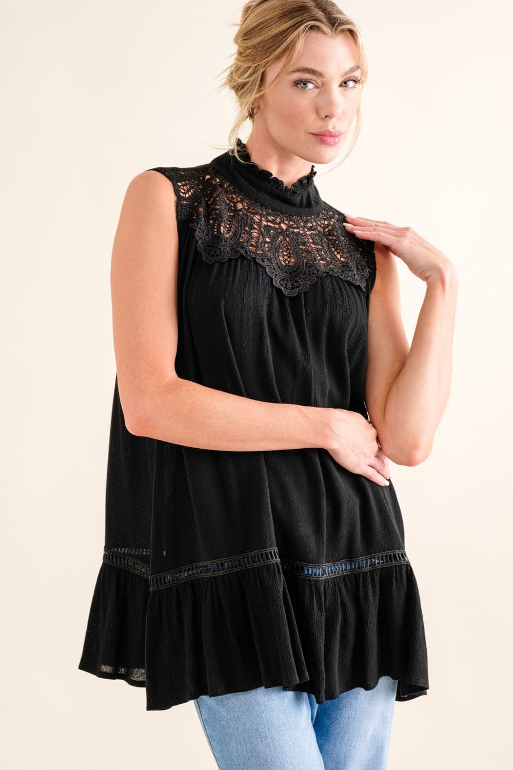 And The Why Lace Detail Sleeveless Ruffled Top.