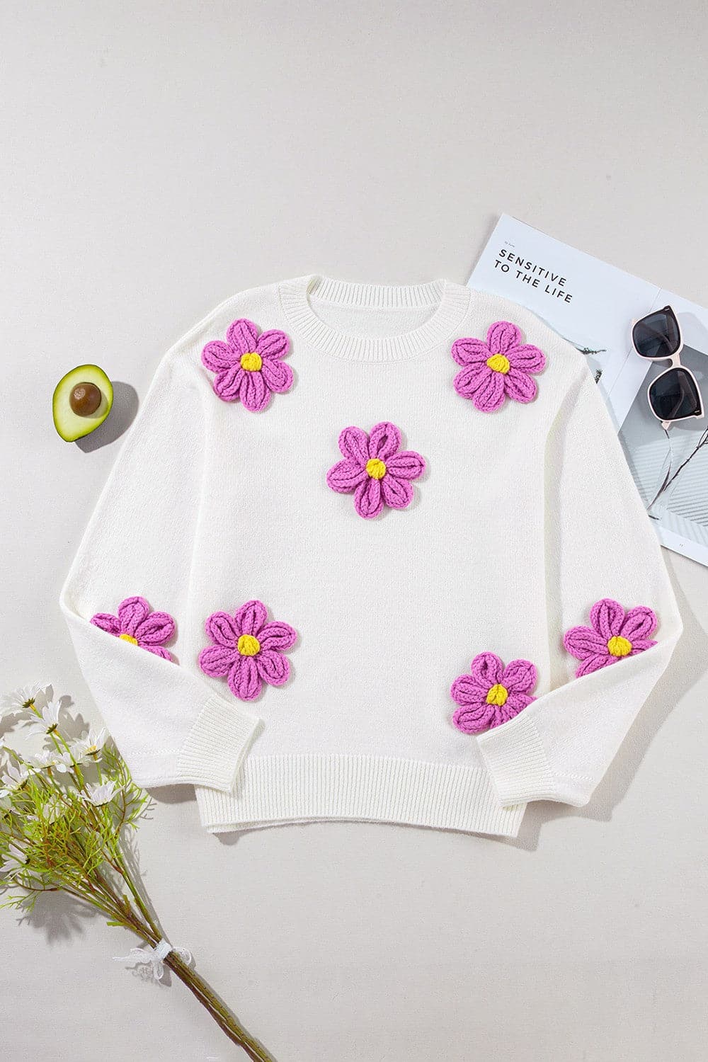 Crochet Flower Round Neck Long Sleeve Sweater.