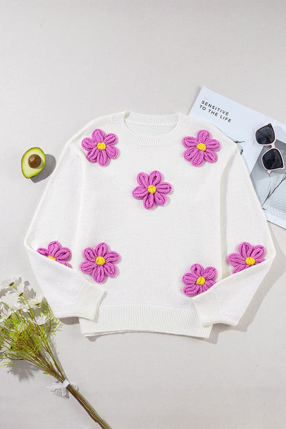 Crochet Flower Round Neck Long Sleeve Sweater.