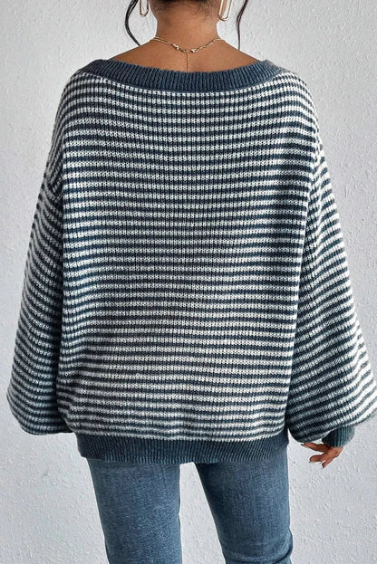 Cozy striped dropped shoulder sweater with round neck