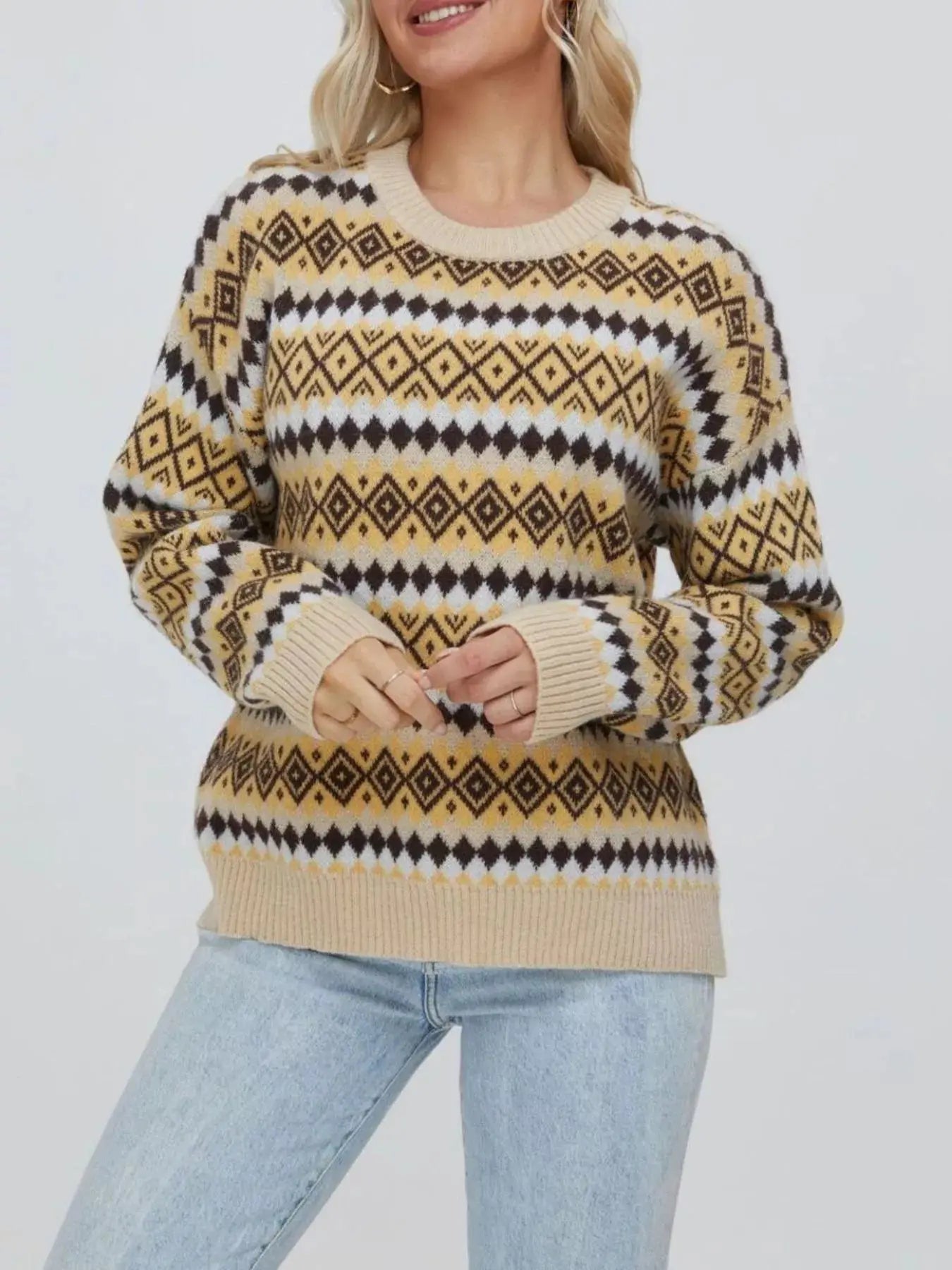 Geometric Pattern Round Neck Sweater Simply Love