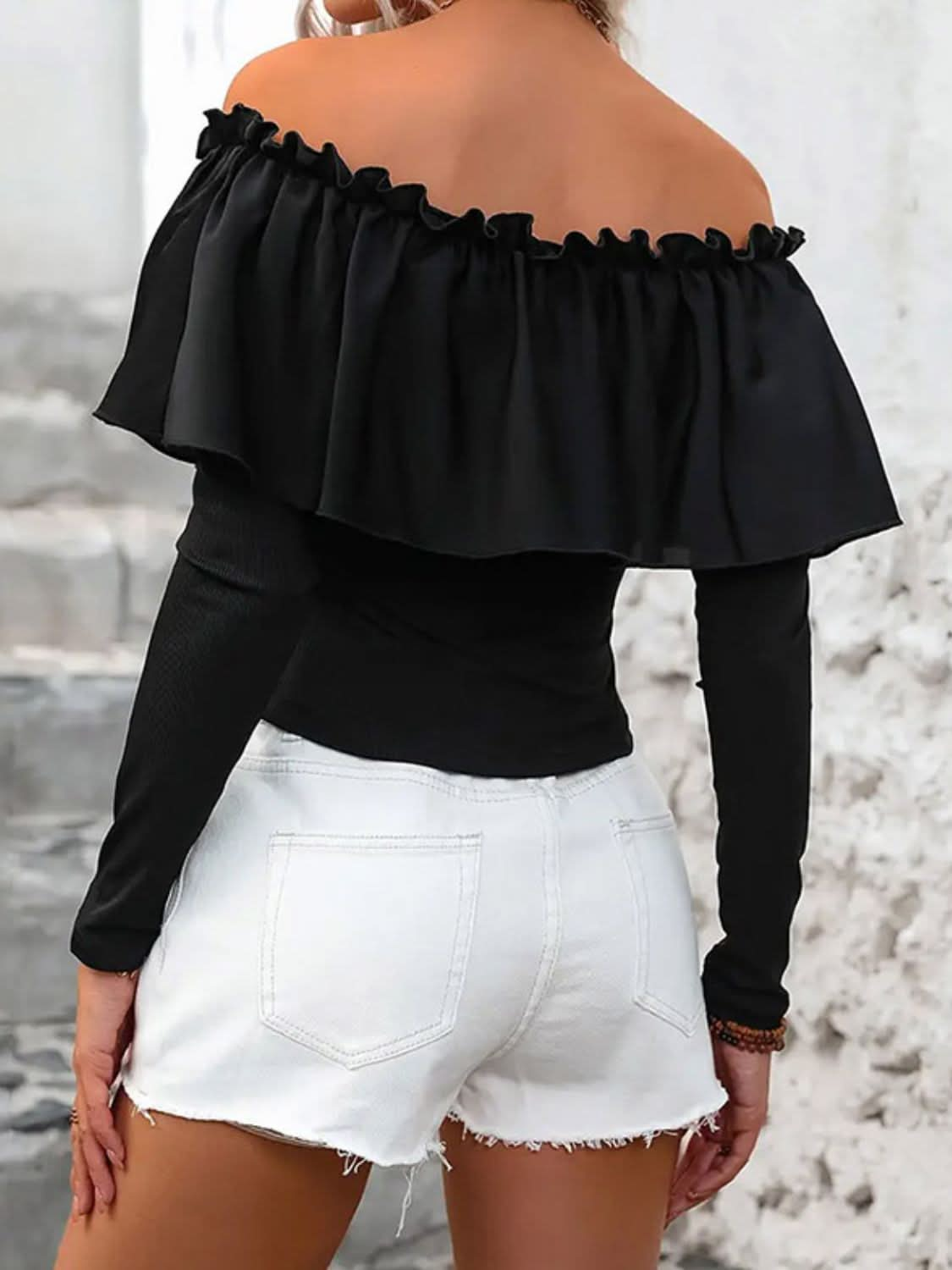 Ruffled Sheer Off-Shoulder Blouse with Long Sleeves