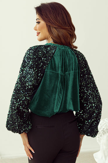 Glamorous velvet top with sequin patchwork sleeves