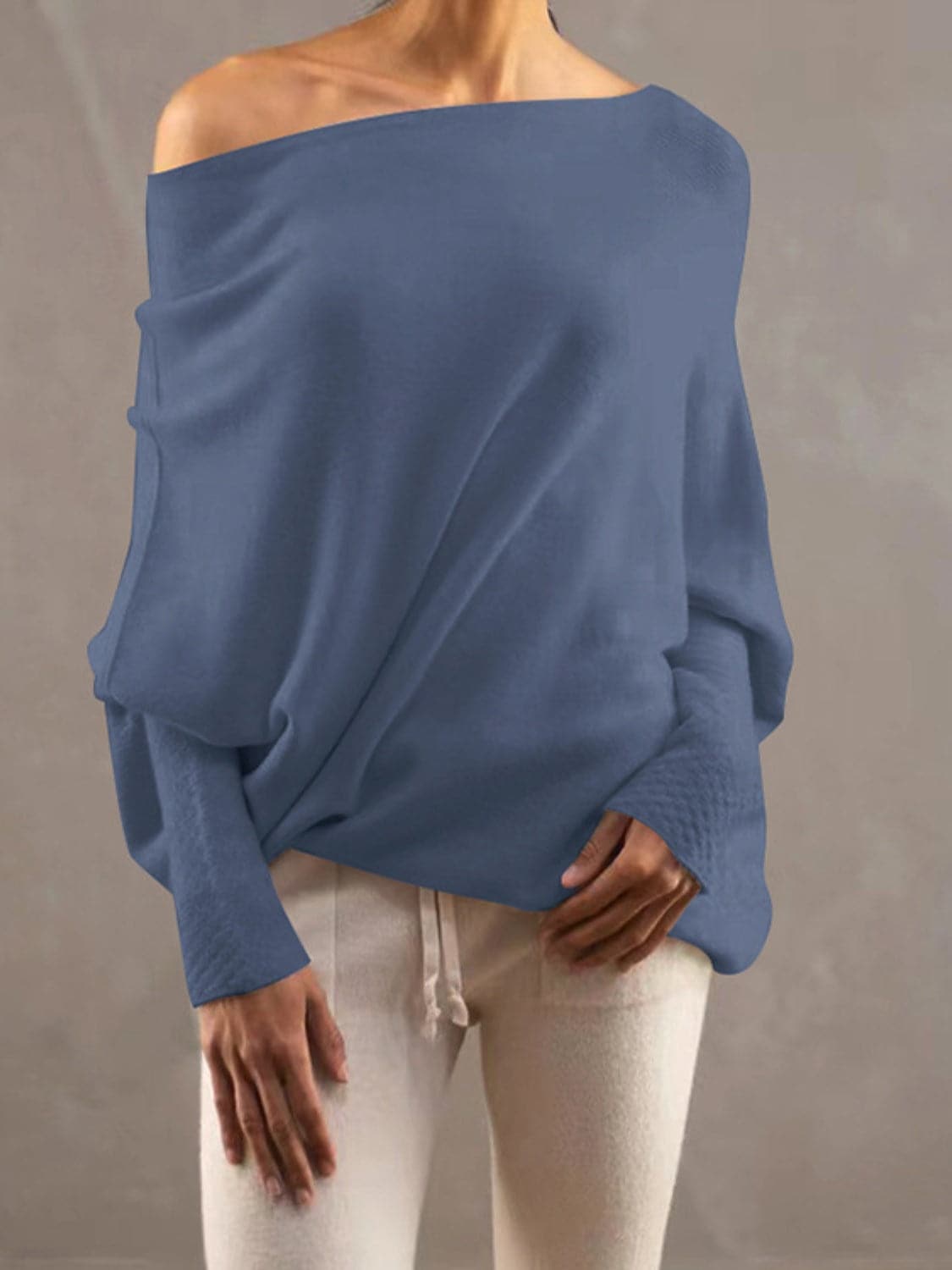 Full Size Boat Neck Batwing Sleeve Knit Top.