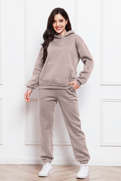 Drop Shoulder Long Sleeve Hoodie and Pants Set.