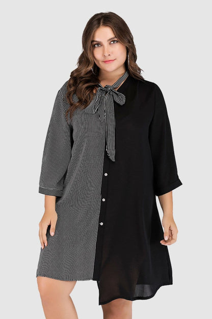 Plus Size Striped Color Block Tie-Neck Dress.