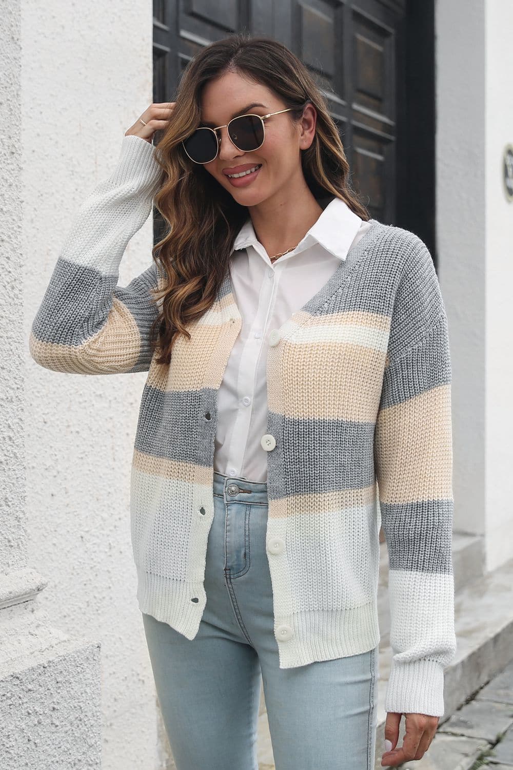 Color Block Button Down Cardigan.