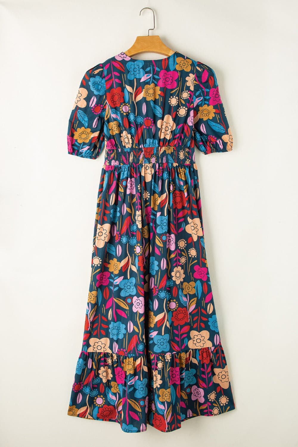 Printed Notched Puff Sleeve Midi Dress.