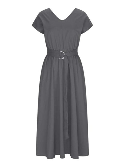 Ruched V-Neck Cap Sleeve Dress.